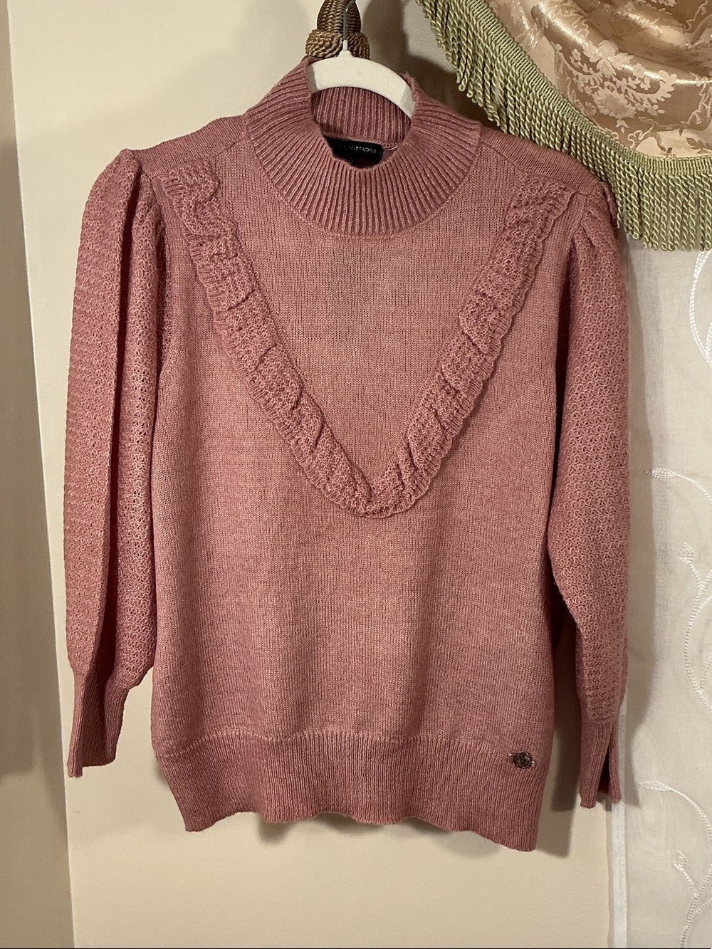 NWT Adrienne Vittadini Dusty Rose Ruffle-Trim Mock Neck Sweater Sz XL lightknit